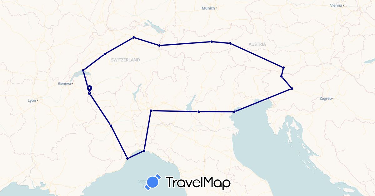 TravelMap itinerary: driving in Austria, Switzerland, France, Italy, Liechtenstein, Slovenia (Europe)